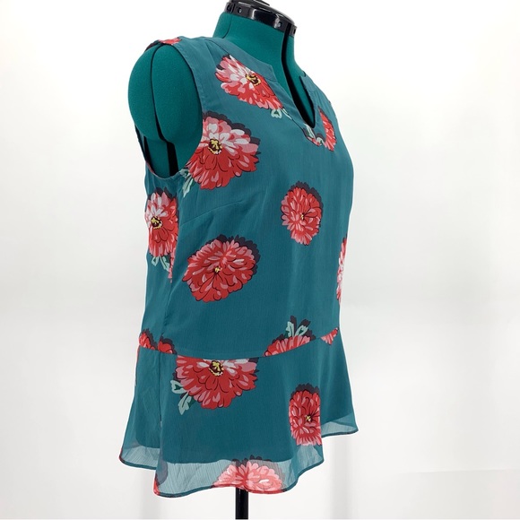 Cabi Blushing Blouse # 3445, Chrysanthemum Print Teal Sleeveless Blouse, Medium - Picture 11 of 16